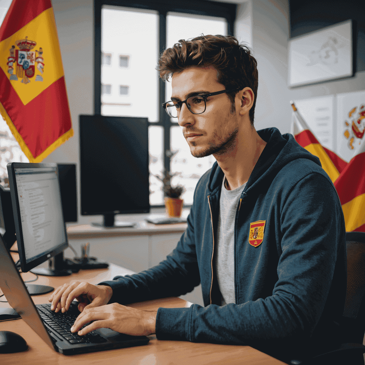 Joven programador trabajando en su computadora en una oficina moderna en España, con la bandera española y símbolos tecnológicos de fondo