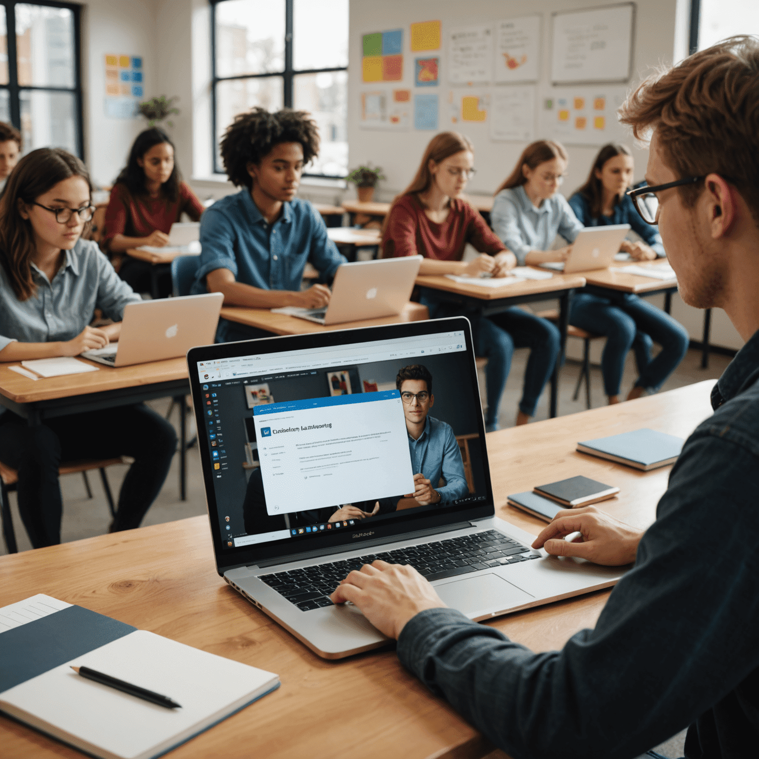 Imagen que muestra a un estudiante frente a una computadora portátil, comparando una pantalla dividida entre un aula tradicional y un entorno de aprendizaje en línea