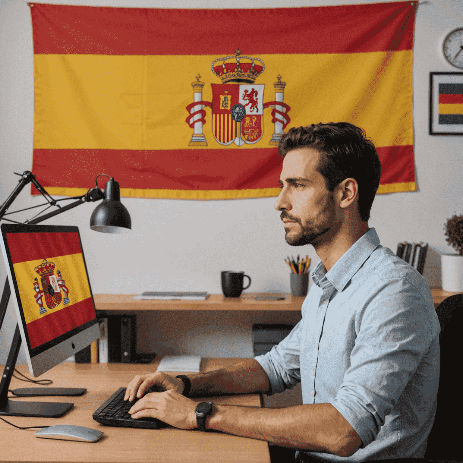 Imagen que muestra una persona sentada frente a un ordenador con la bandera española de fondo, simbolizando la búsqueda de trabajo en programación en España