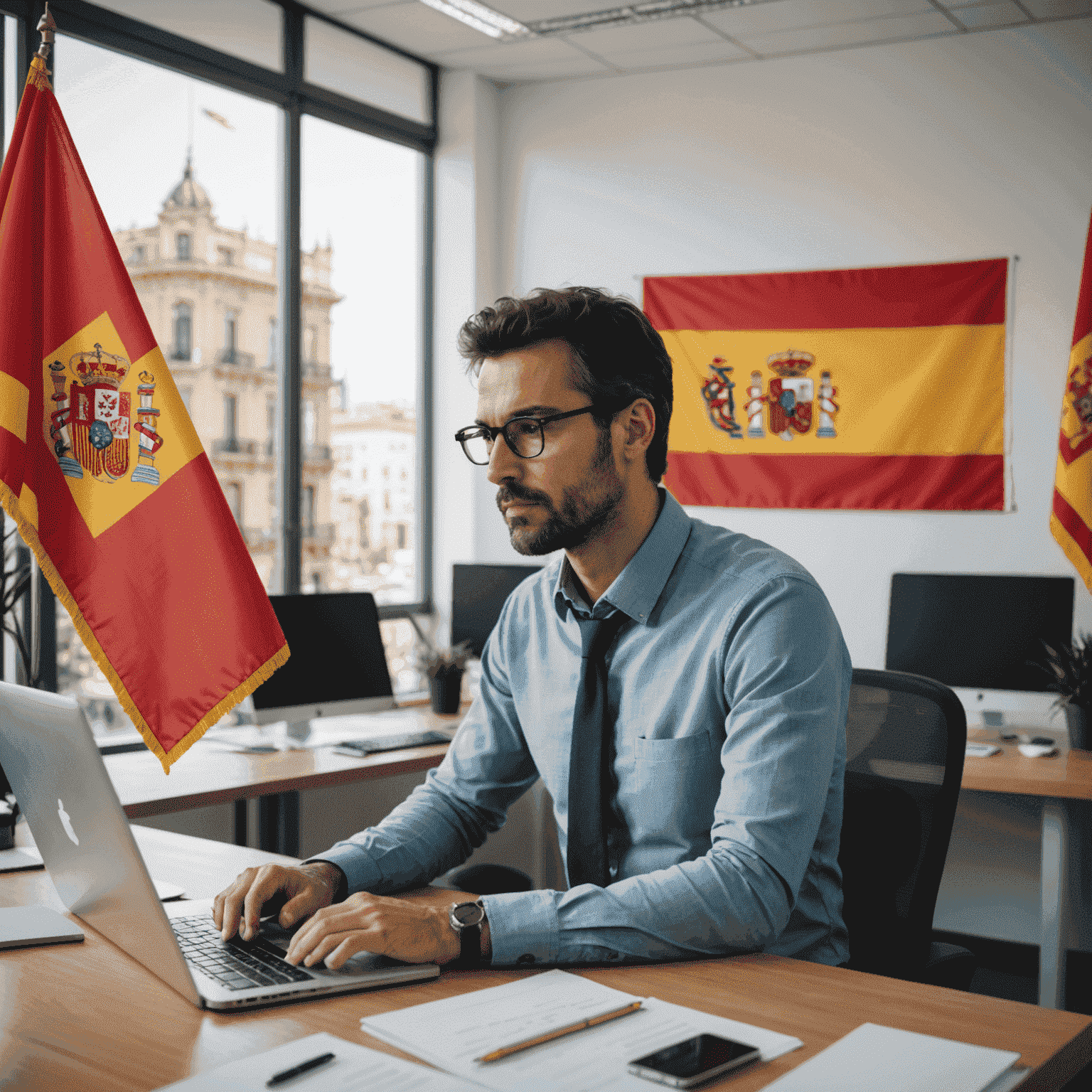 Imagen que muestra una persona trabajando en una oficina en España, con la bandera española y símbolos de programación