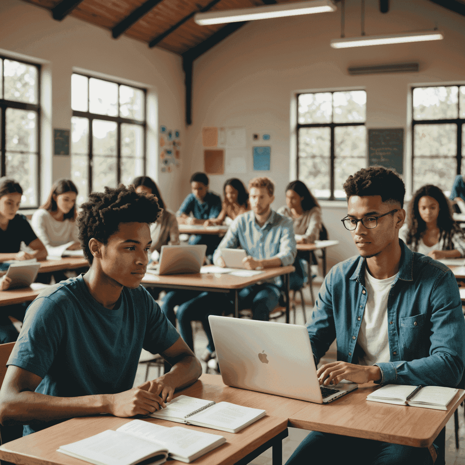 Imagen dividida que muestra un estudiante con laptop en un lado y un aula tradicional en el otro, representando la comparación entre cursos en línea y educación tradicional